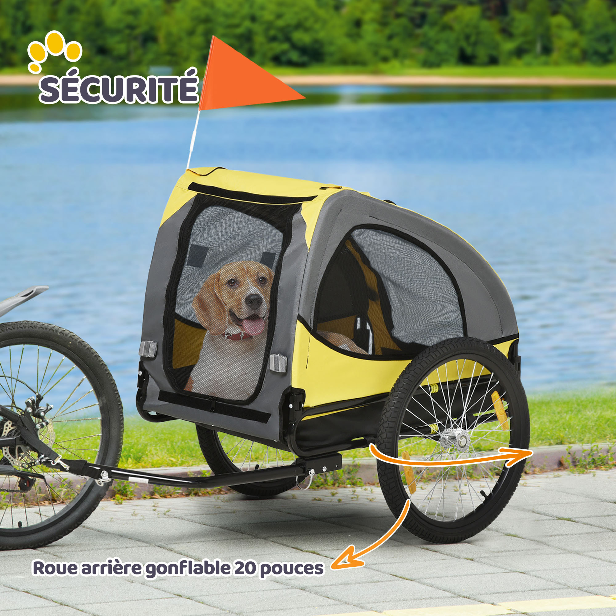 Remorque vélo pour chien 20 Kg pliable barre attelage fixation réflecteurs drapeau jaune