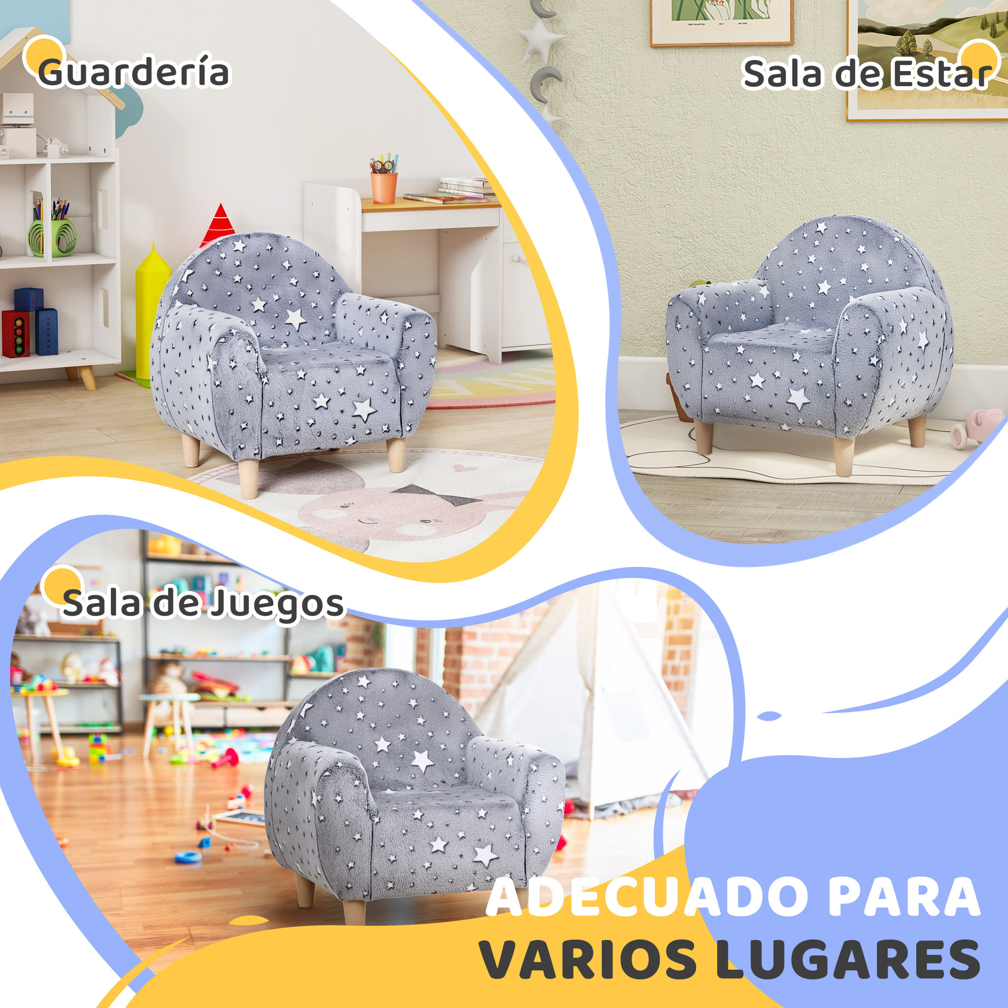 Sillón Infantil con Diseño de Estrellas que Brillan en la Oscuridad Sofá para Niños de 18-36 Meses Tejido Suave de Terciopelo Reposabrazos Carga 45 kg Gris