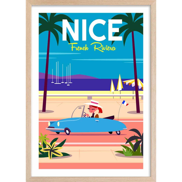 Poster nice promenade des anglais Affiche + cadre en bois - Chêne