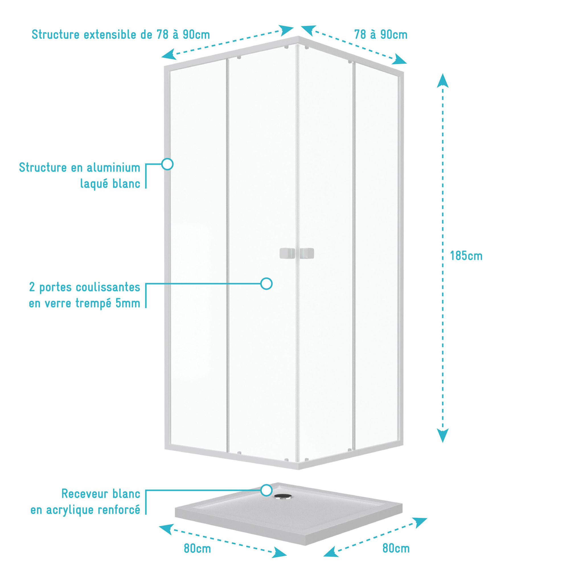 Pack porte de douche coulissante blanc de 78 à 90x185cm + receveur 80x80 - WHITY SLIDE