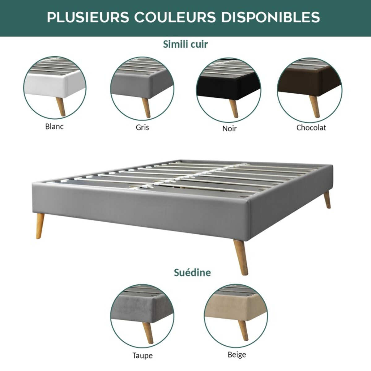 Sommier à lattes flexibles | Robuste et confortable | Cadre à lattes & pieds scandinaves | Simili cuir | Noir