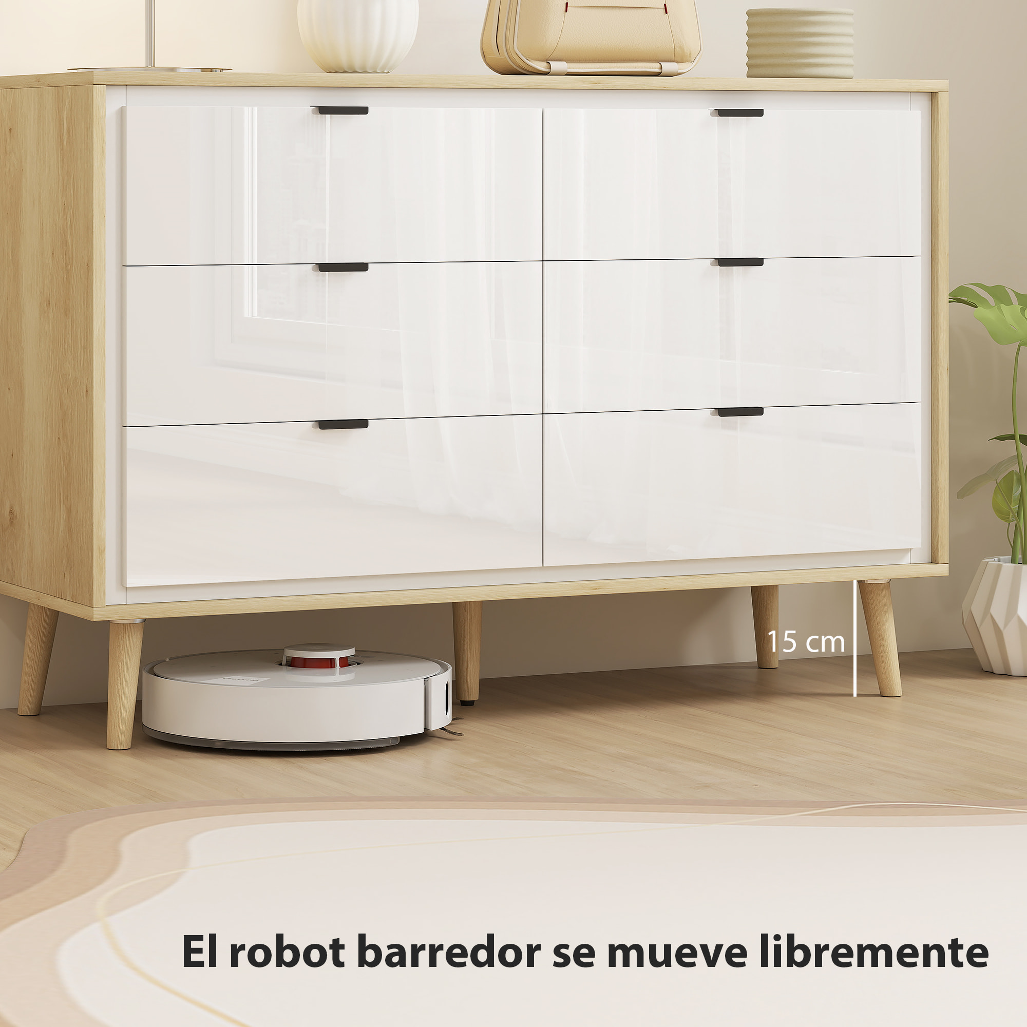 Cómoda 6 Cajones, Cómoda Dormitorio con Patas de Madera, Cajonera para Salón, Oficina, Estilo Moderno, 110x40x75 cm, Blanco Brillo y Roble