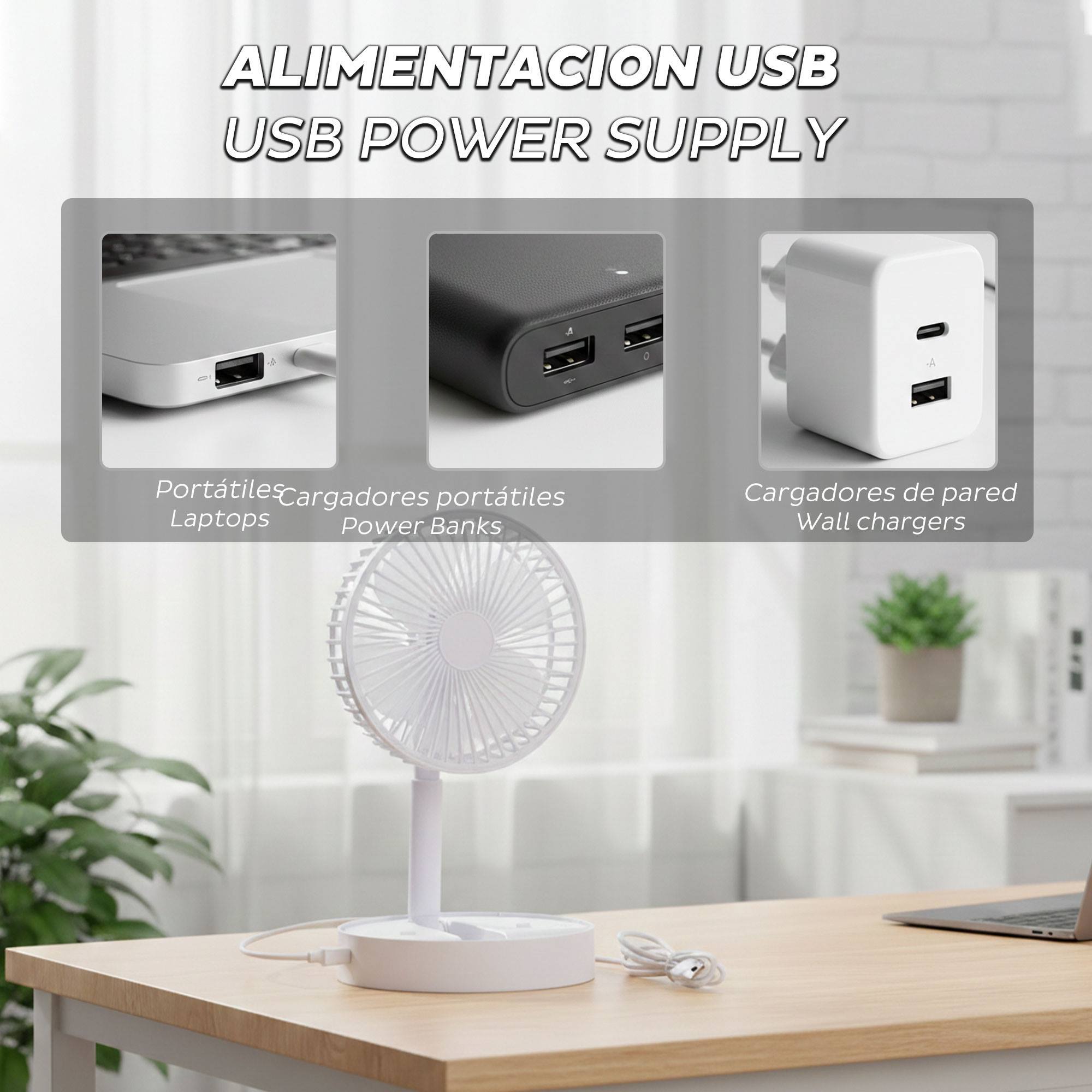 Ventilador USB plegable, Ø16,5cm, 3 velocidades, batería 1200mAh, blanco
