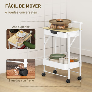 Carrito Auxiliar con Ruedas de 2 Niveles Carro de Cocina Estrecho con 1 Cajón y 1 Cesta Carrito Organizador para Dormitorio Salón Oficina Blanco