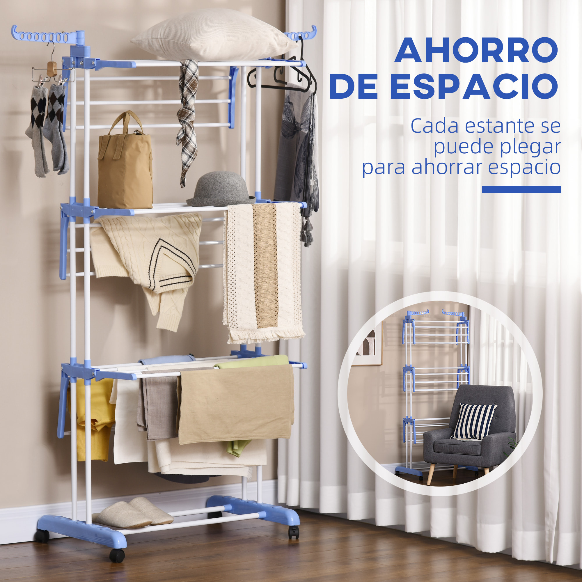 Tendedero Plegable para Ropa con Ruedas Tendedero Vertical de Acero Tipo Torre de 3 Niveles con Alas Plegables y Colgadores Giratorios Carga 70 kg 73x64x177 cm Azul y Blanco