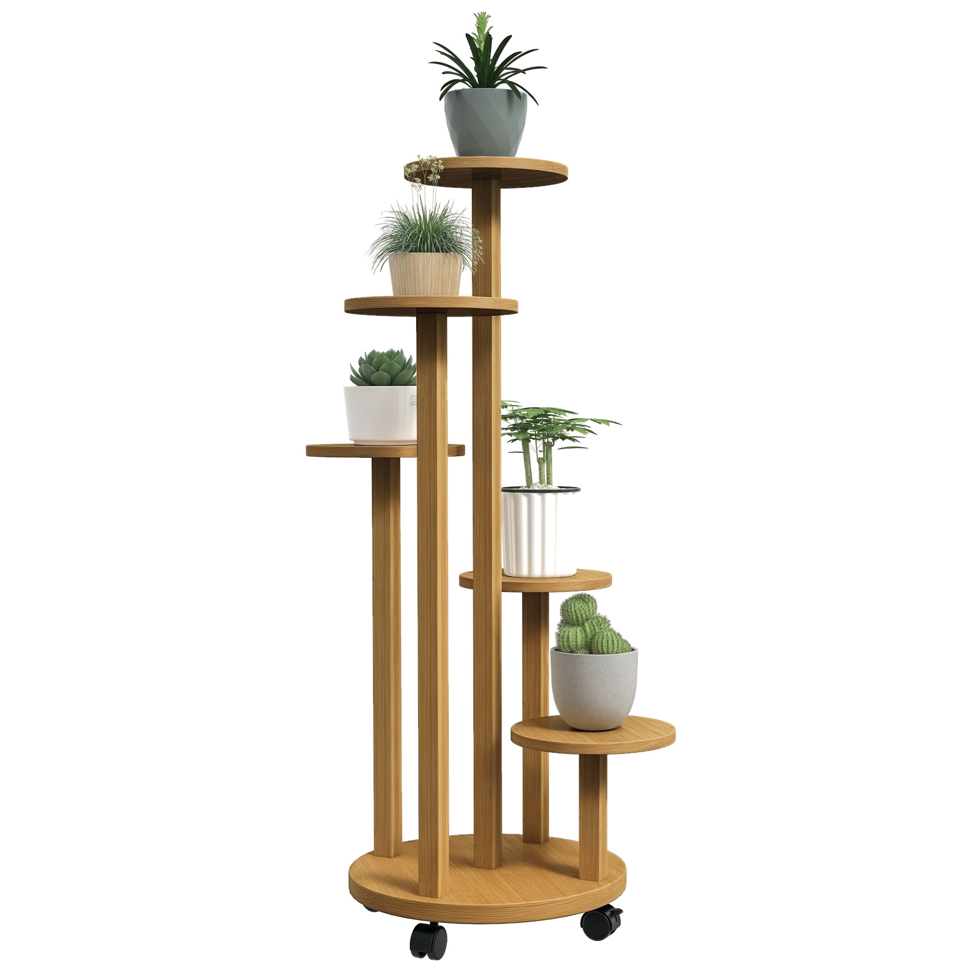 Soporte para Plantas de Bambú con Ruedas de 5 Niveles, Estantería Redonda para Plantas para Esquina, Soporte para Macetas, Interior y Exterior, 33x33x90 cm, Natural
