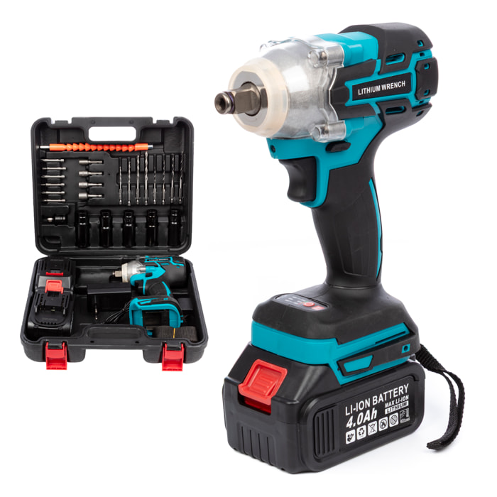 Llave de impacto eléctrica inalámbrica 12V con motor sin escobillas, maletín de transporte y 25 accesorios. 2 baterías de 13.000 mAh.