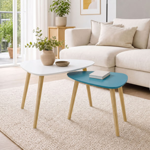 Lot de 2 tables basses gigognes design scandinave forme triangle de reuleaux bois MDF bleu blanc