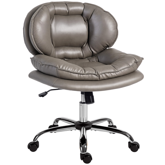 Silla de Oficina Piernas Cruzadas, Silla de Escritorio sin Brazos con Asiento Ancho, Ruedas, Altura Ajustable, Doble Acolchado, Giratoria, Función Basculante, Tapizada en PU, Gris Oscuro