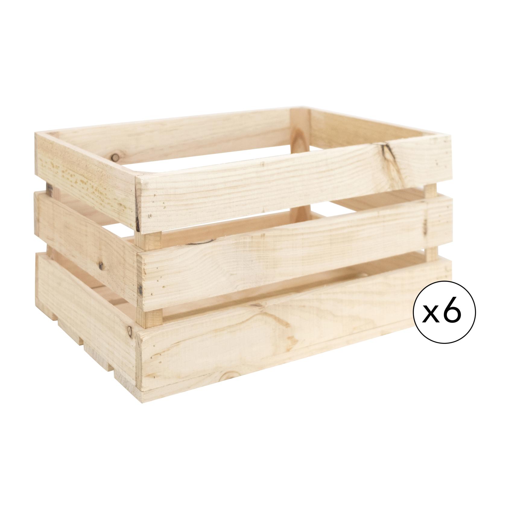 Pack de 6 cajas de madera maciza en tono natural grandes Alto: 25.5 Largo: 49 Ancho: 29.5