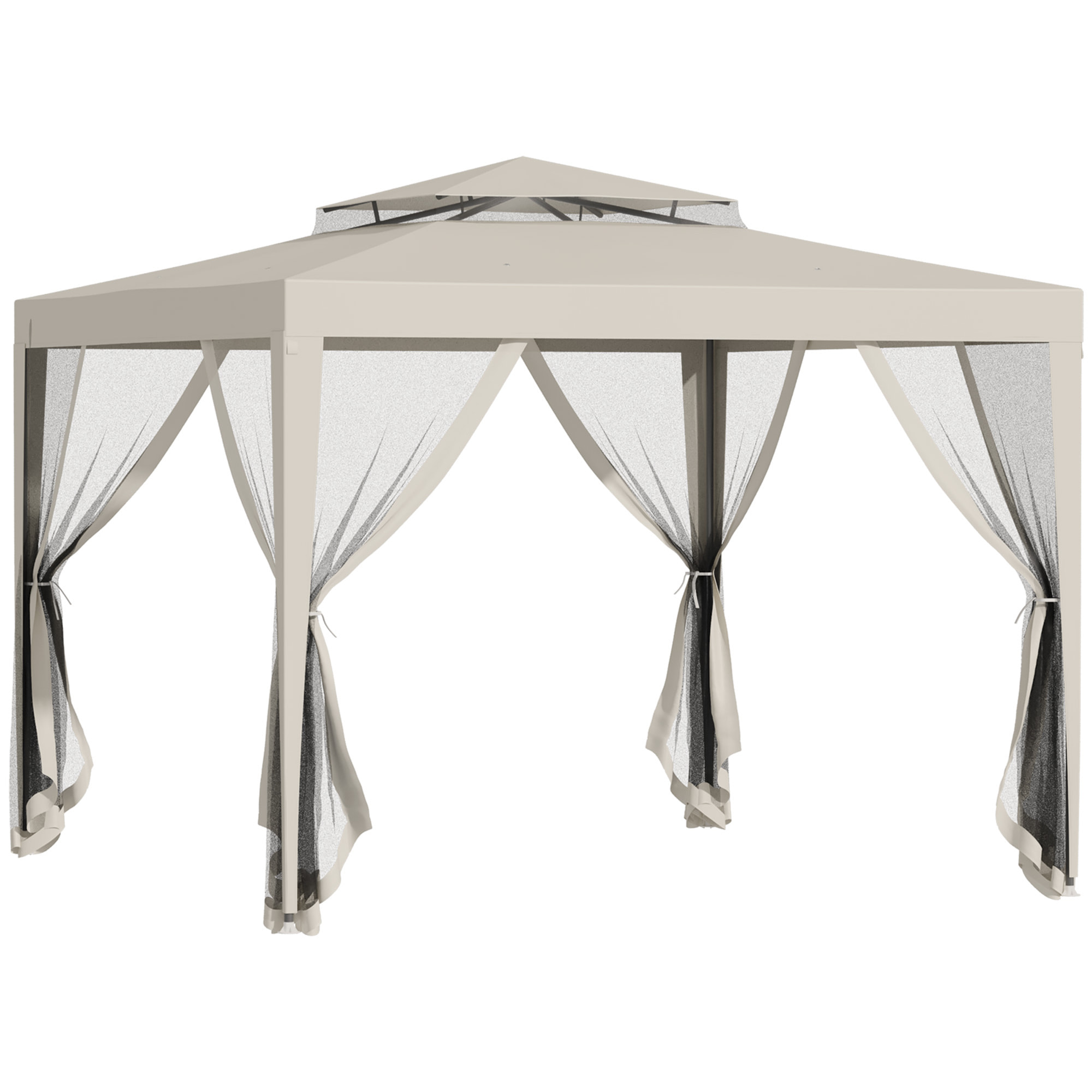 Carpa de Jardín 3x3 m Cenador Desmontable de Exterior Gazebo con 4 Mosquiteras Laterales Techo Doble y Marco Metálico Anti-UV Impermeable Pabellón para Terraza Patio Beige
