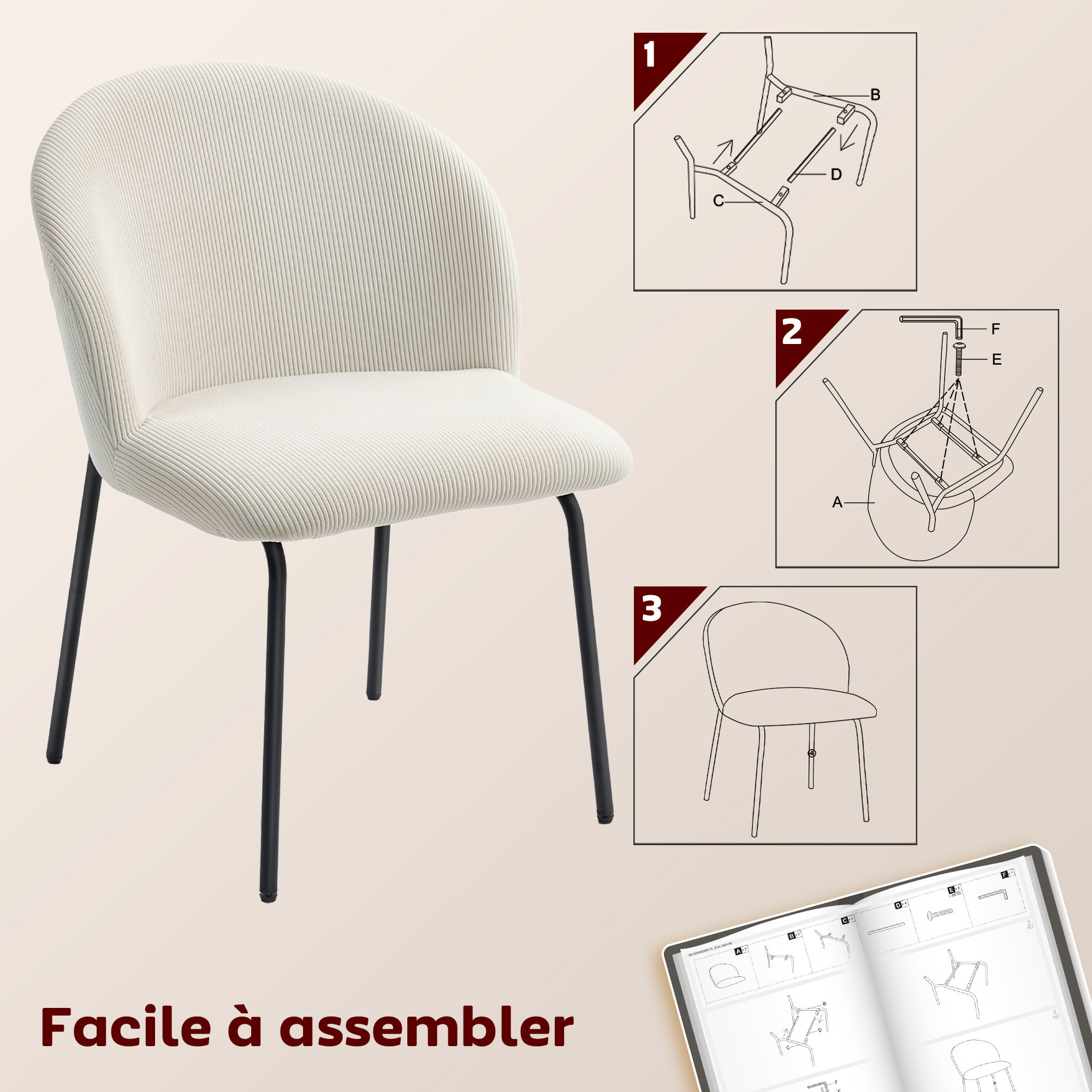 Lot de 2 chaises de salle à manger velours côtelé crème piètement acier noir