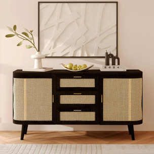 Buffet noir 2 portes 3 tiroirs en bois de manguier et cannage - Wendy