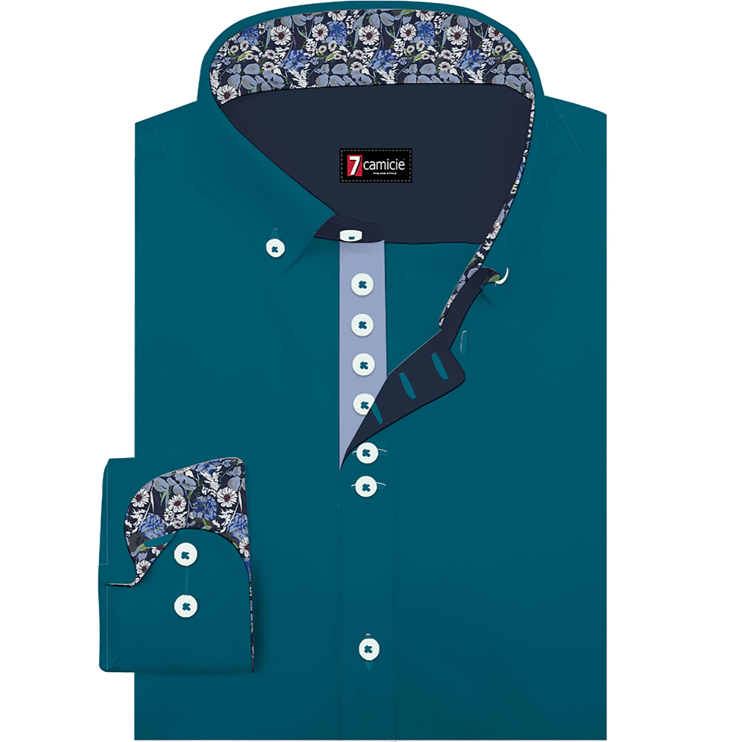 Camicia Uomo 1 Bottoni Button Down Slim Popeline Stretch Unito Verde Ottanio