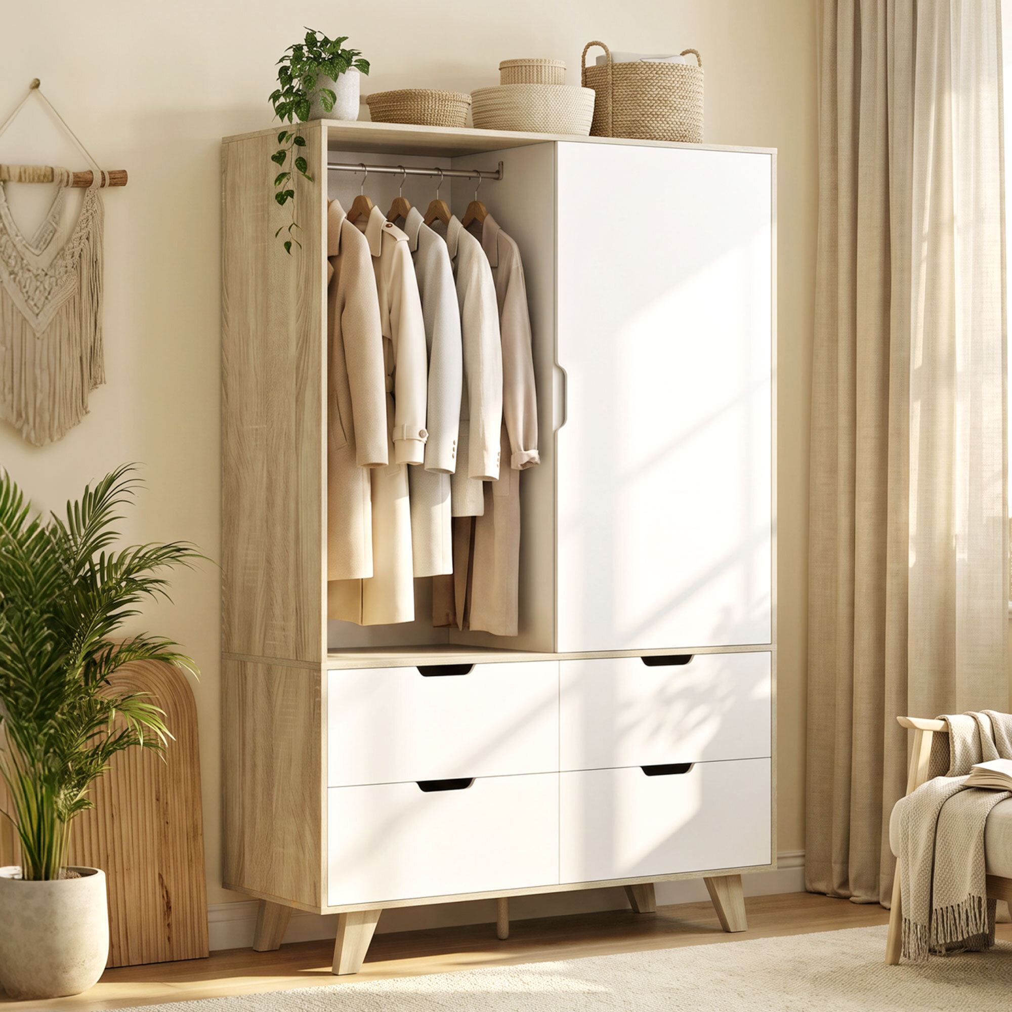 Armario Dormitorio Moderno con Puertas Correderas, Armario Ropero con Barra para Colgar, Estantes Ajustables y 4 Cajones, 120x50x187,5 cm, para Salón, Entrada, Roble y Blanco