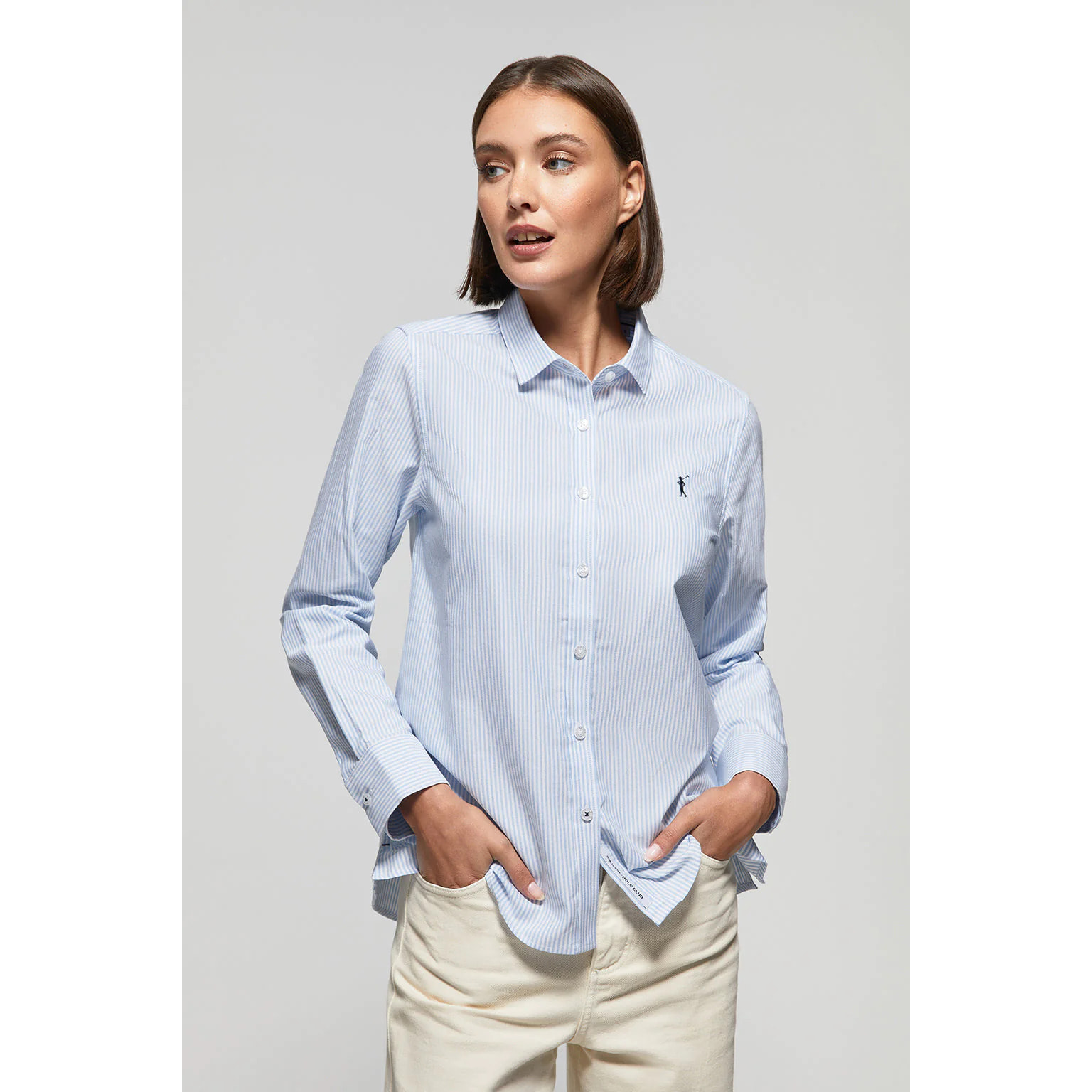 Camisa Oxford de rayas azul celeste con logo Rigby Go