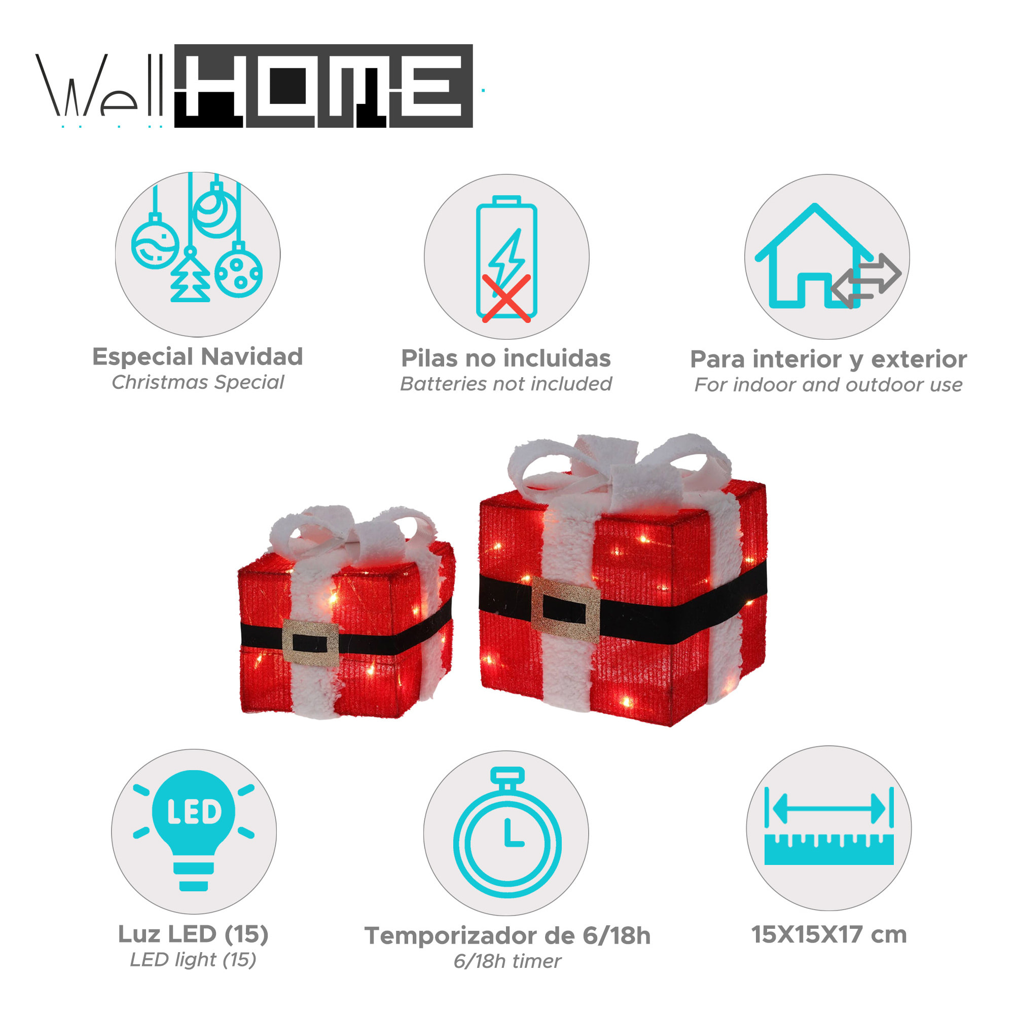 decoración navideña de 2 cajas de regalo con luces led 15cm y 20cm