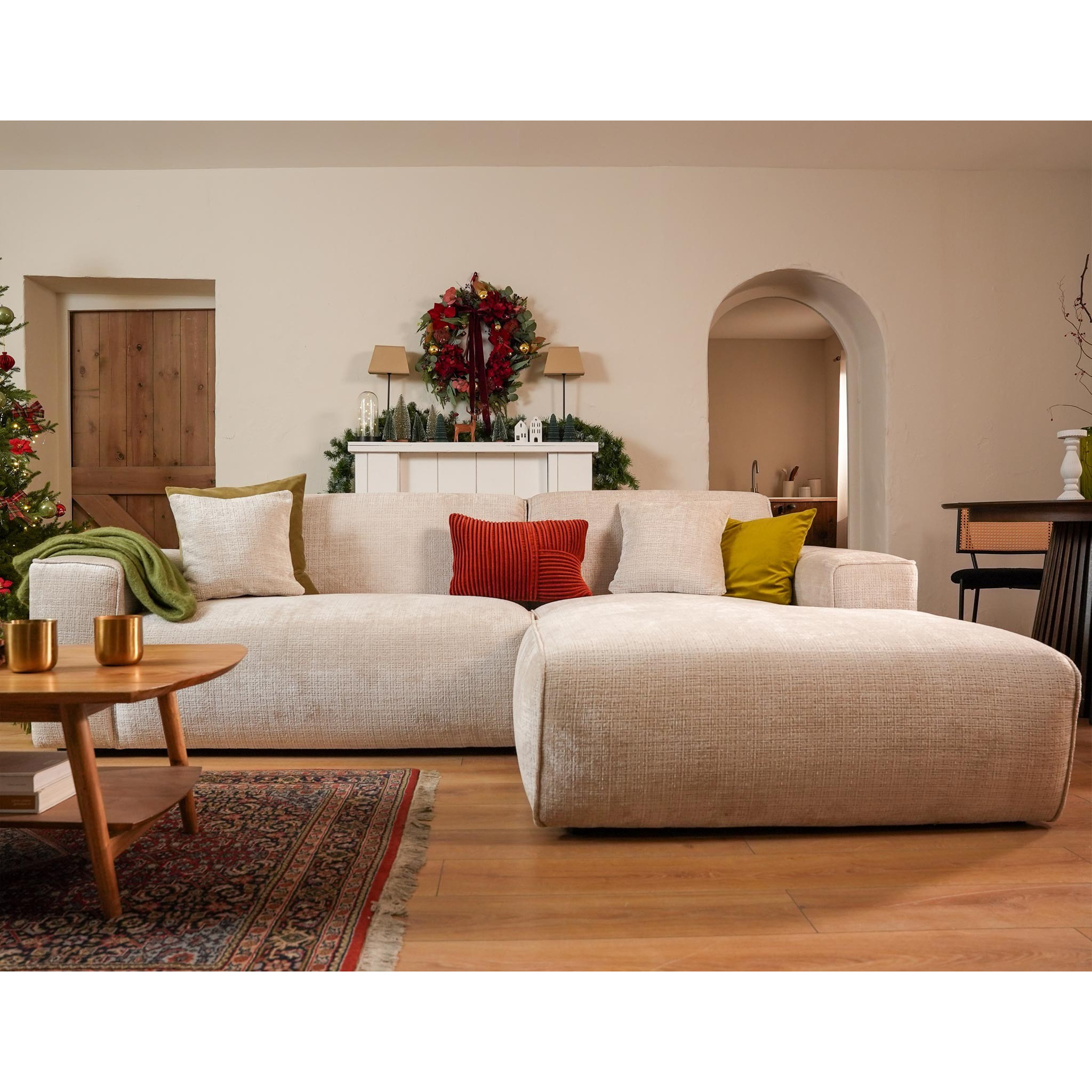 Lison - Canapé d'angle droit 4 places en velours texturé - Beige