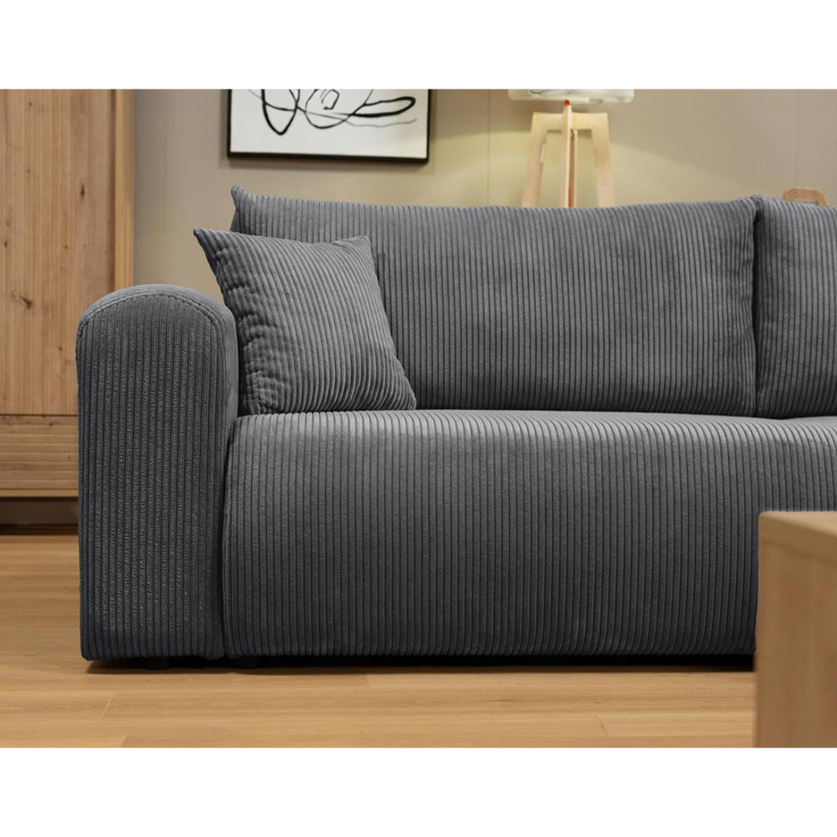 Naomi - Canapé d'angle réversible 4 places convertible avec coffre en velours côtelé - Gris foncé