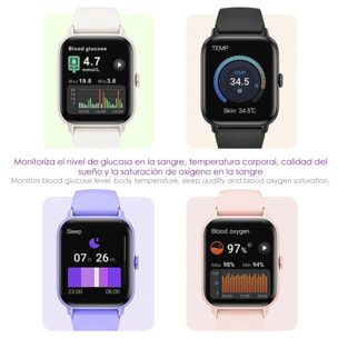 DAM Smartwatch QS13 con notifiche App, più di 100 modalità sportive, chiamate Bluetooth. Monitor del glucosio, della pressione sanguigna e dell'ossigeno.