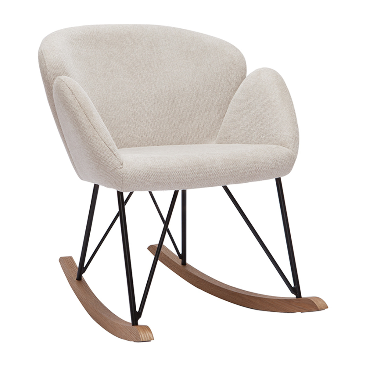 Rocking chair en tissu effet velours texturé beige, métal noir et bois clair RHAPSODY