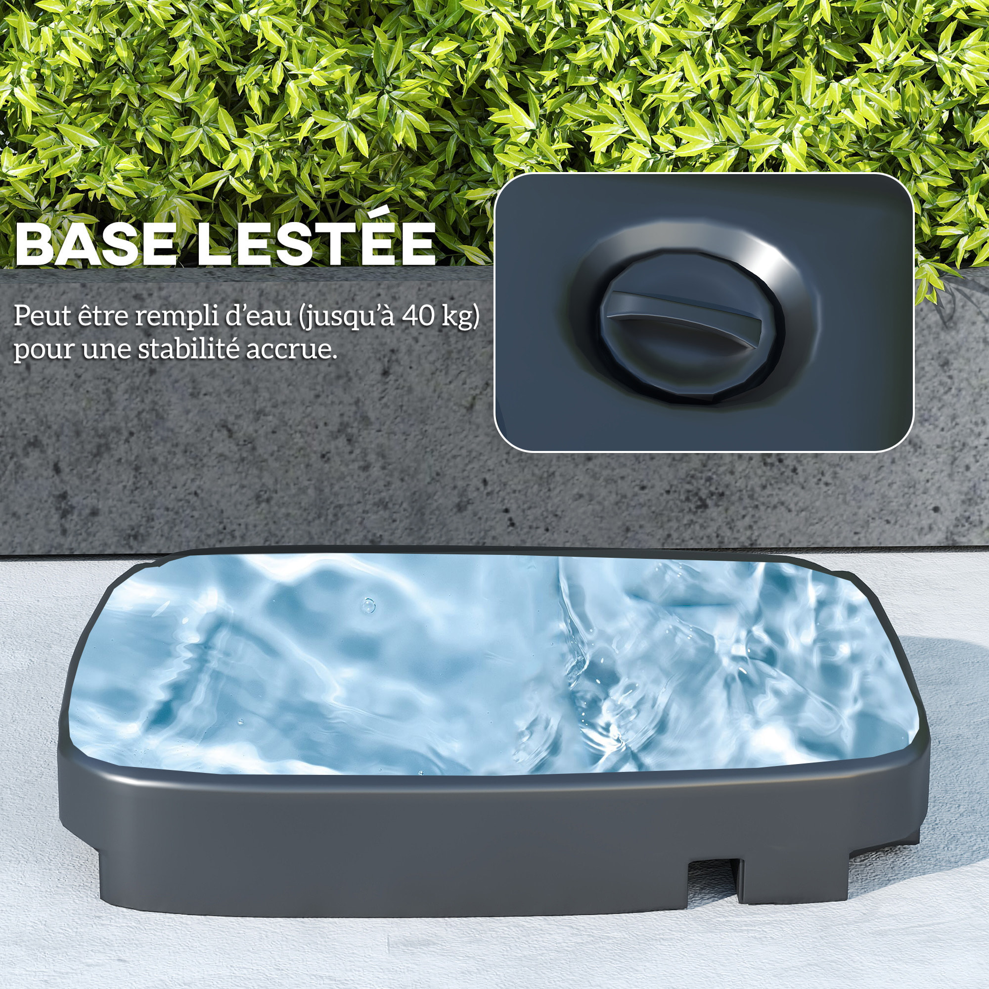 Parasol déporté carré 2,5 x 2,5 m avec base de lestage - inclinaison réglable - métal époxy tissu crème