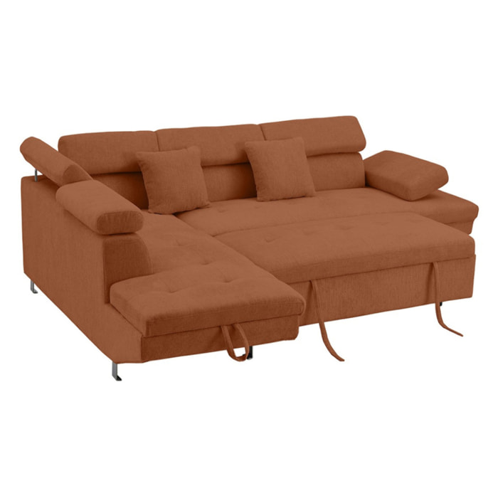 Margaux - Canapé d'angle gauche 5 places convertible avec coffre et têtières réglables en velours texturé - Terracotta