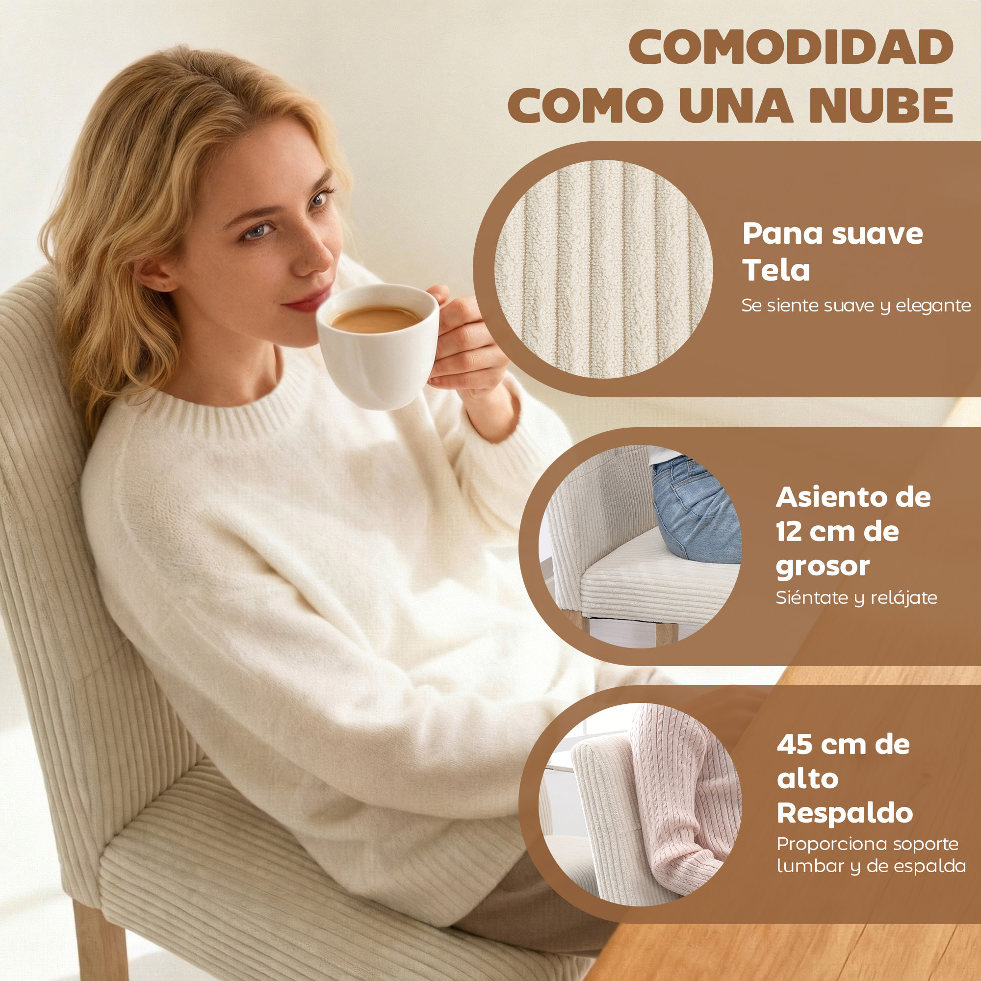 Pack de 4 Sillas de Comedor, Sillas de Cocinas Modernas, Respaldo Alto, Tapizadas en Pana, Asiento Acolchado, Patas de Madera, para Salón, Beige