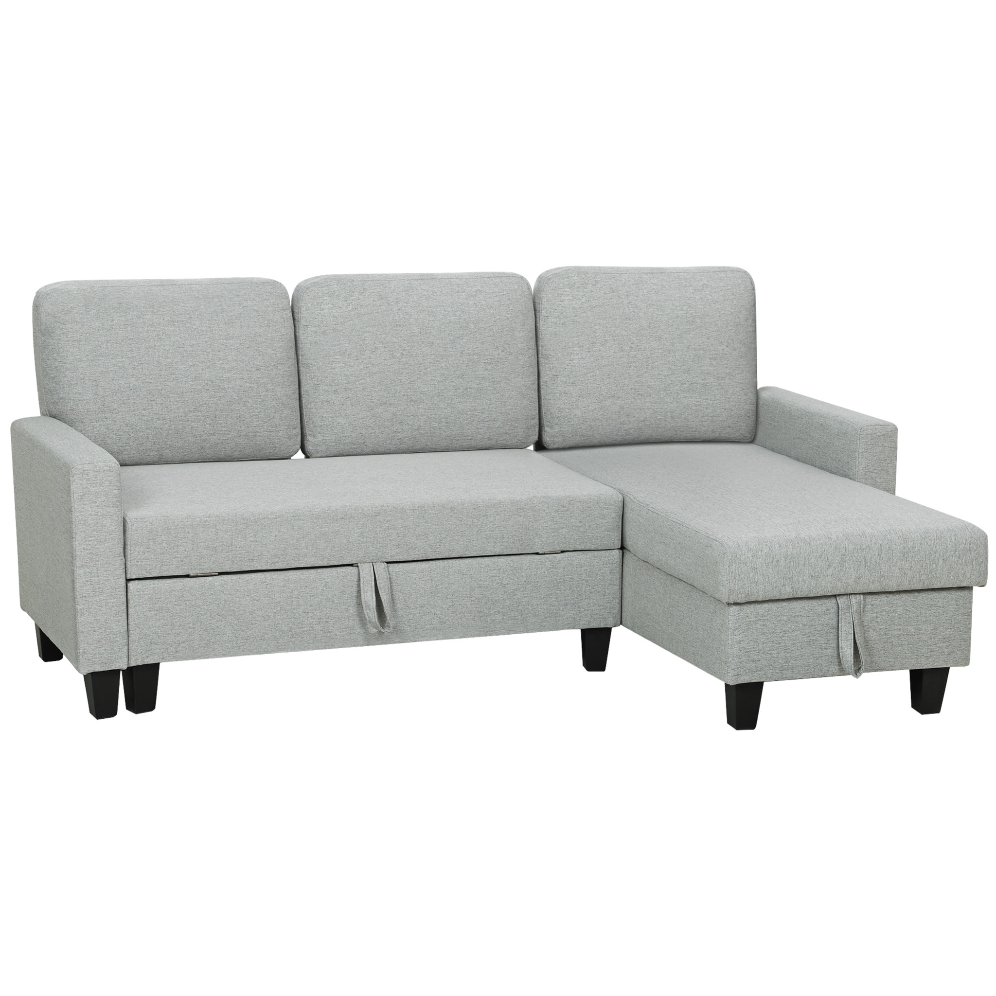 Sofá Cama Chaise Longue de 3 Plazas, Chaise Longue Reversible Ambos Lados con Almacenaje, Sofá Cama Esquinero Desplegable con Fundas de Cojines Removibles, Tapizado en Lino, para Salón, Gris