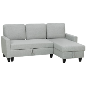 Sofá Cama Chaise Longue de 3 Plazas, Chaise Longue Reversible Ambos Lados con Almacenaje, Sofá Cama Esquinero Desplegable con Fundas de Cojines Removibles, Tapizado en Lino, para Salón, Gris