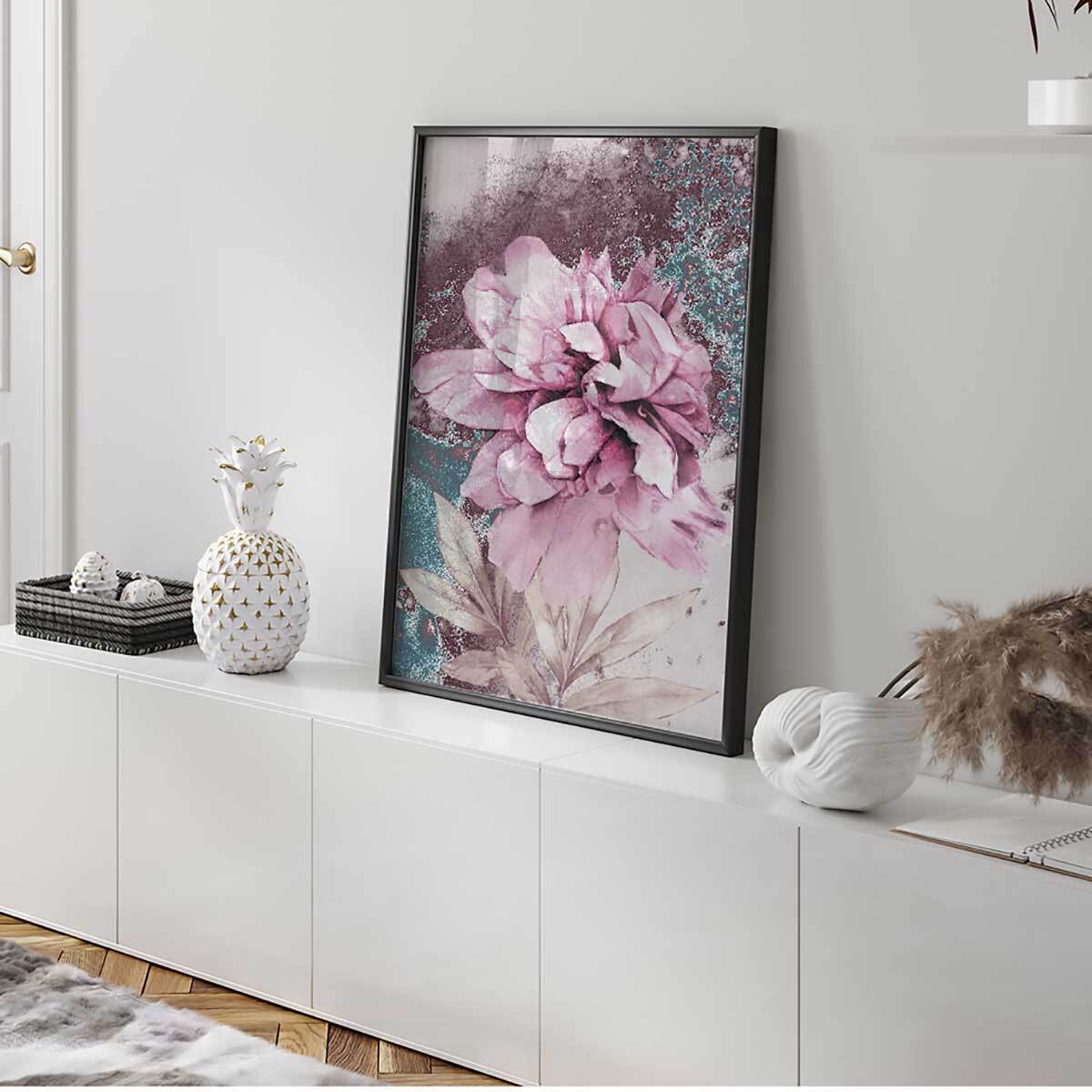 Affiche encadrée fleur rose artistique Affiche + cadre en métal - Noir