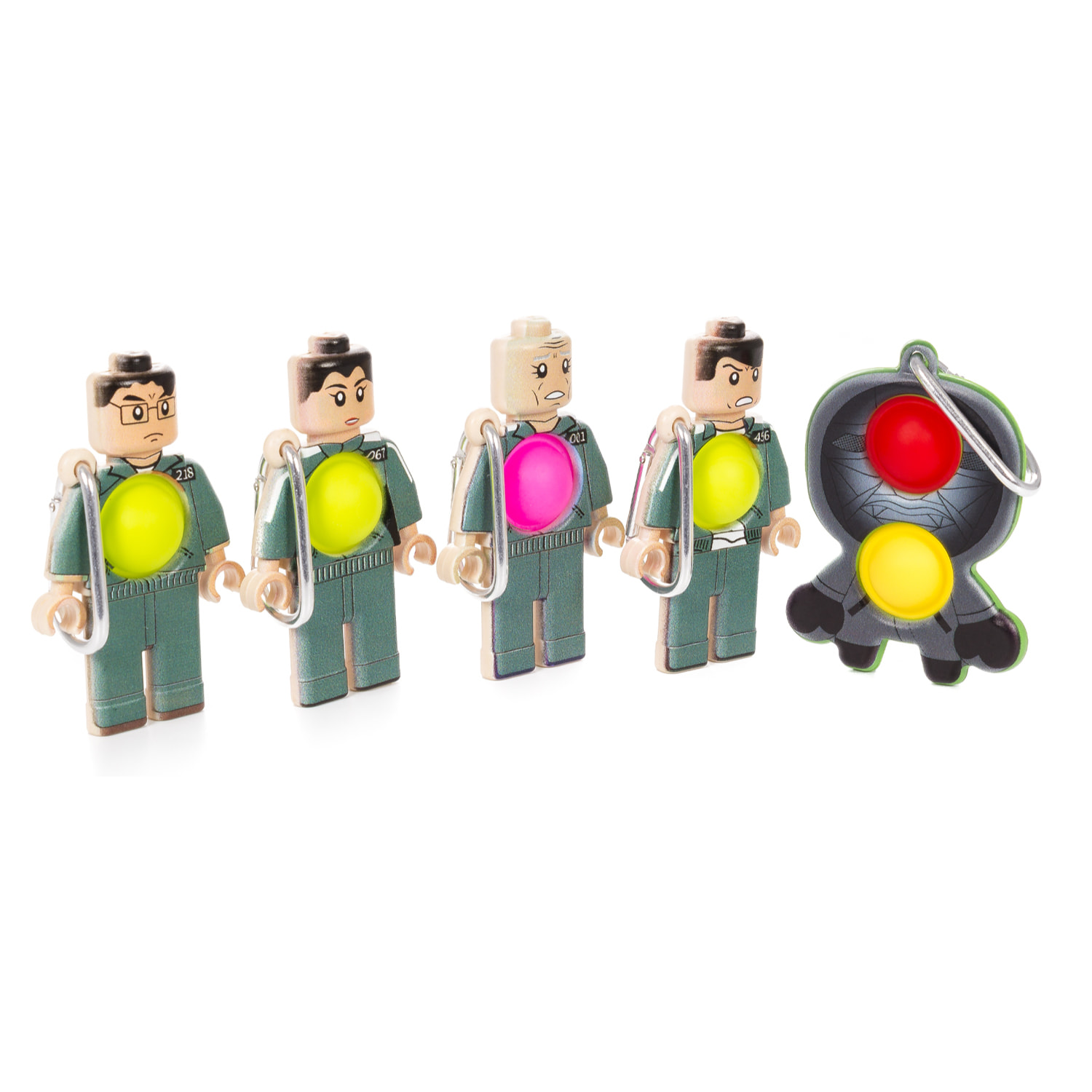 Sets 5 pezzi Squid figure giocatori e leader 9cm. Figure con moschettone e Bubble Pop It centrale.