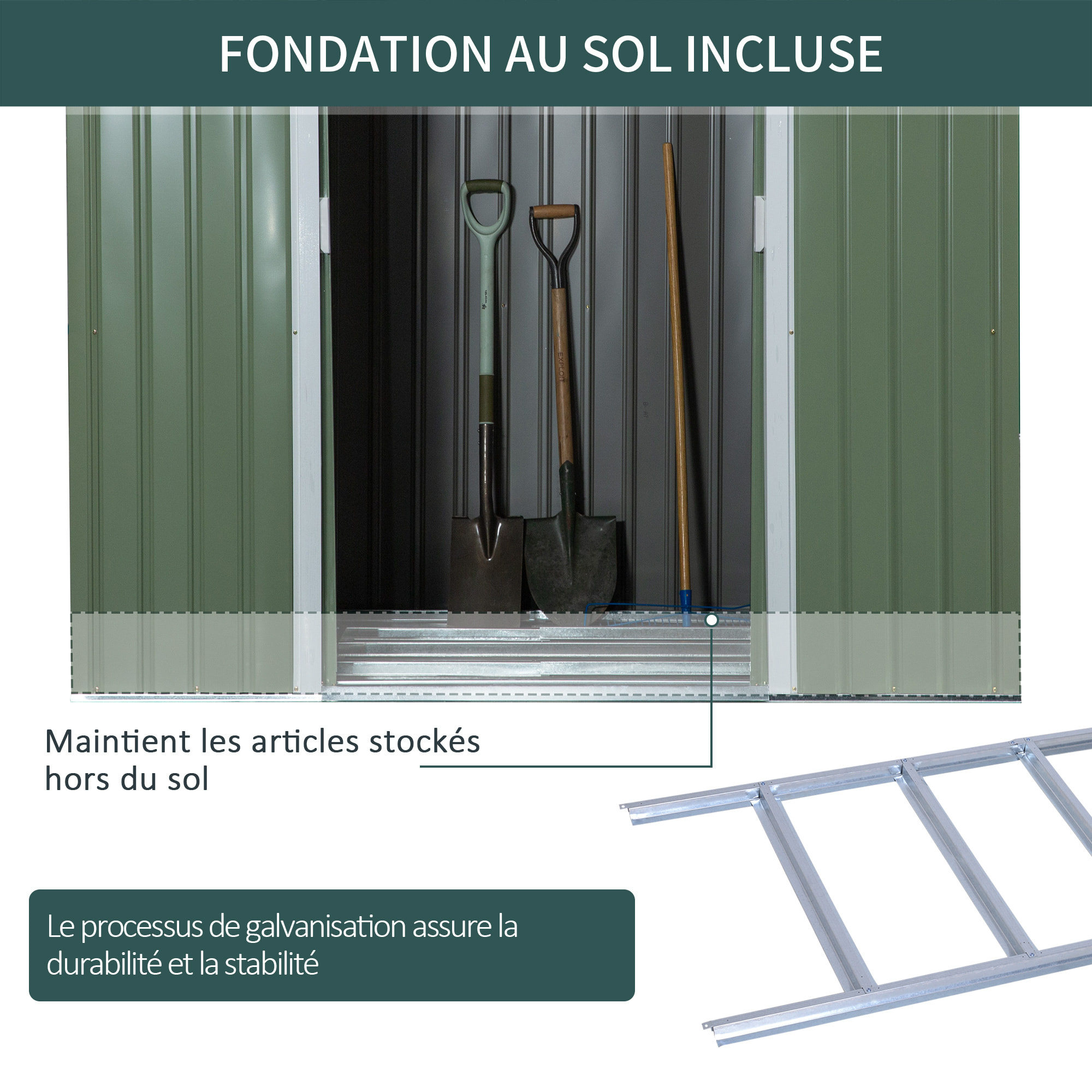 Abri de jardin - remise pour outils - fondation incluse - cabanon 2 portes coulissantes verrouillables - dim. 213L x 130l x 173H cm - tôle d'acier vert