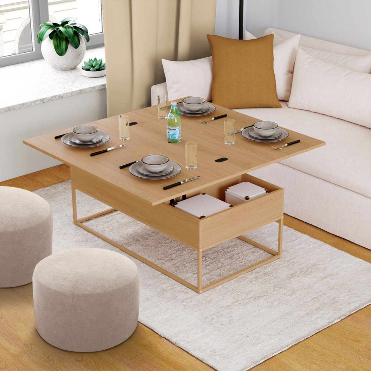 Table basse Memphis relevable et dépliante pieds effet bois