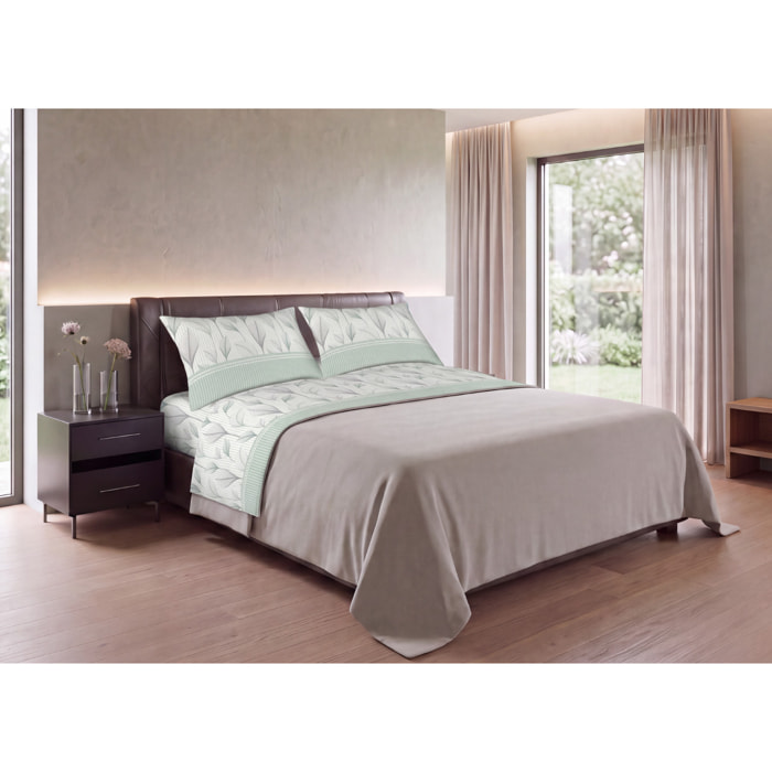 Completo Lenzuola in Flanella Morbida e Calda Made In Italy disegno Fiorato Laurel Verde