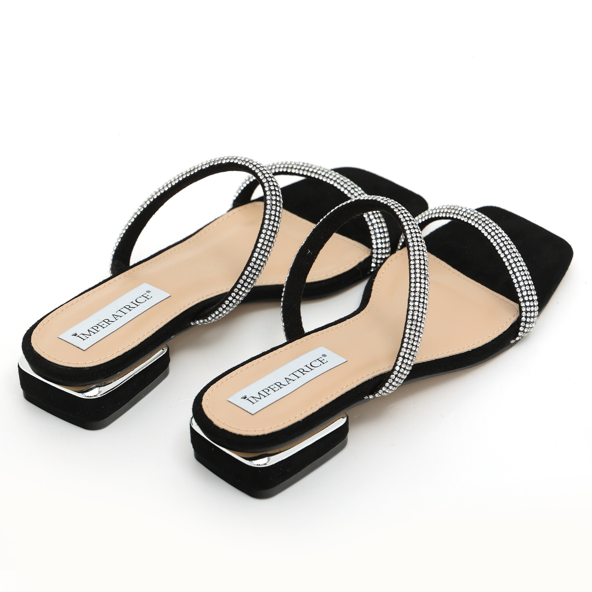 Sandali bassi in simil camoscio con fasce ricoperte di strass