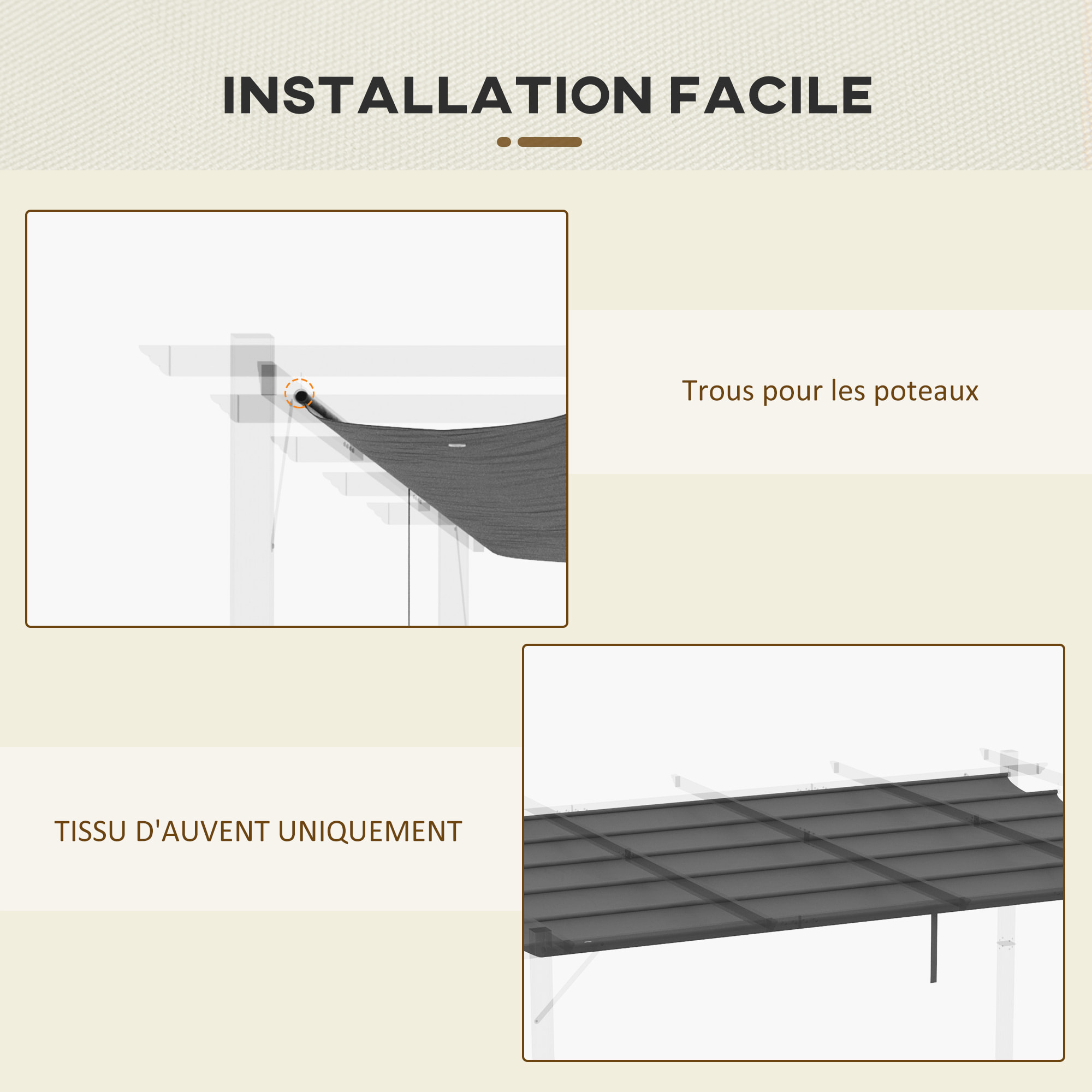 Toile de rechange pour pergola rétractable 4 x 3 m polyester haute densité 180 g/m² imperméabilisé gris