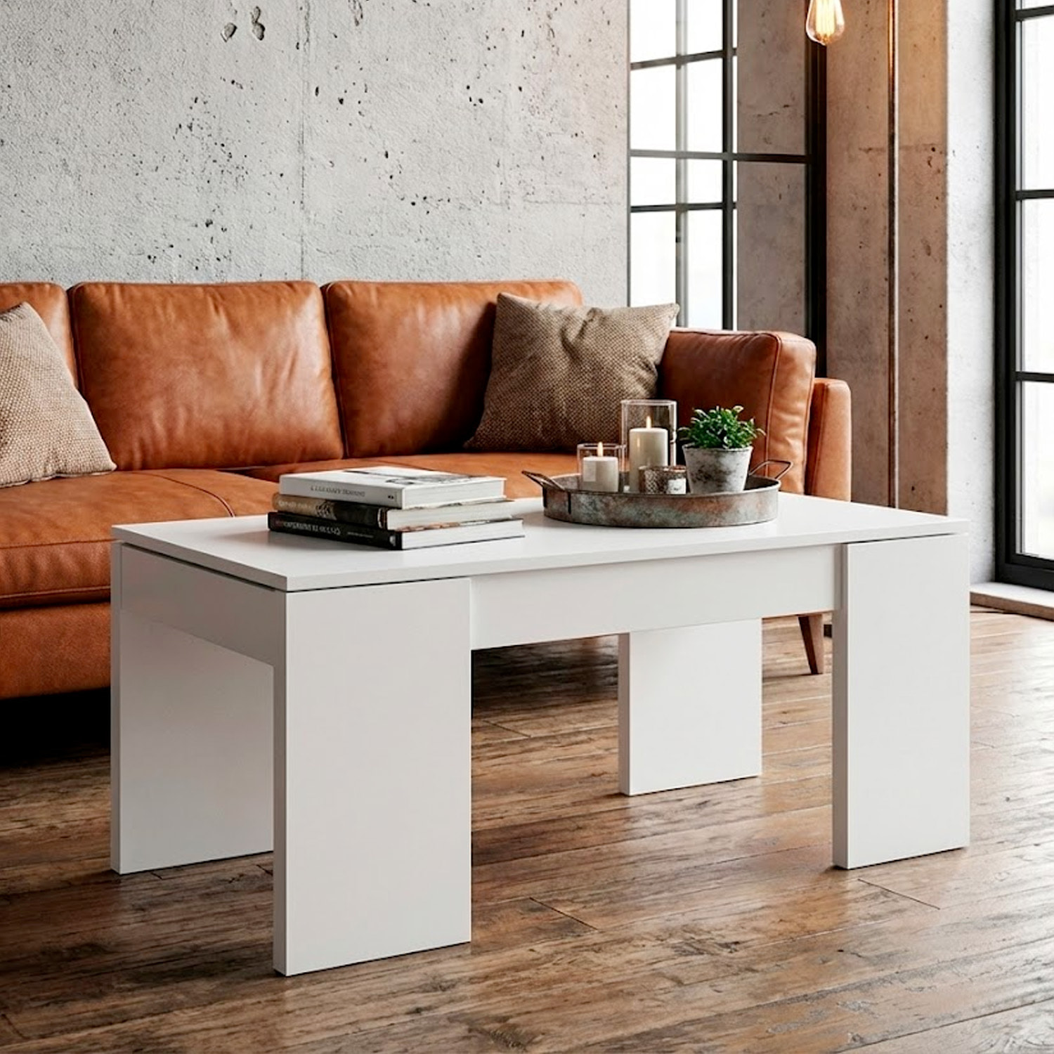 Tavolino da Caffè Con Piano Rialzabile Con Vano Contenitore Alzabile Tavolo da Salotto Moderno Salvaspazio Ideale per Lavorare 100 x 50 x 42 cm Bianco
