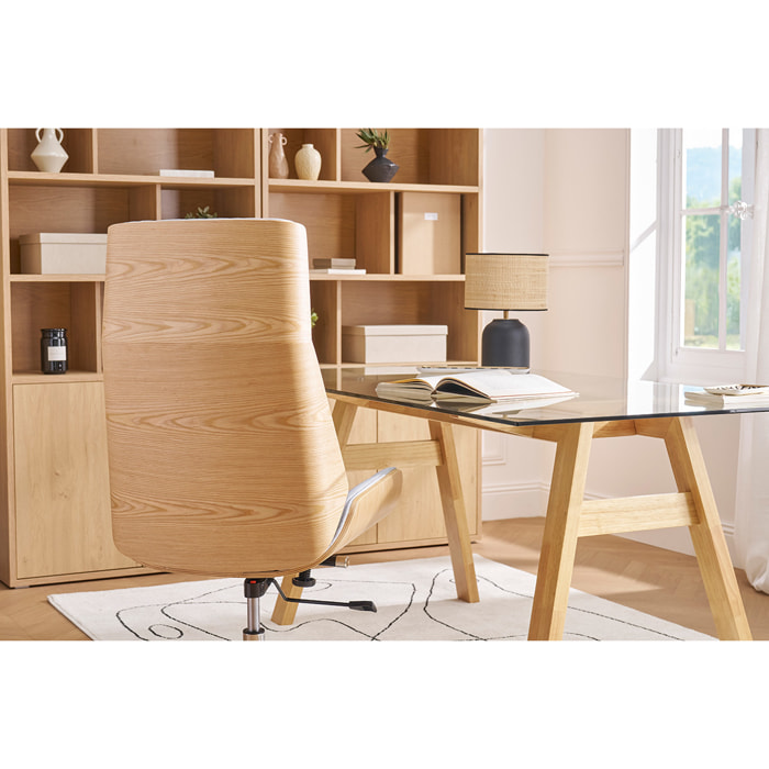 Fauteuil de bureau de direction design en tissu gris clair, bois clair et acier chromé CURVED