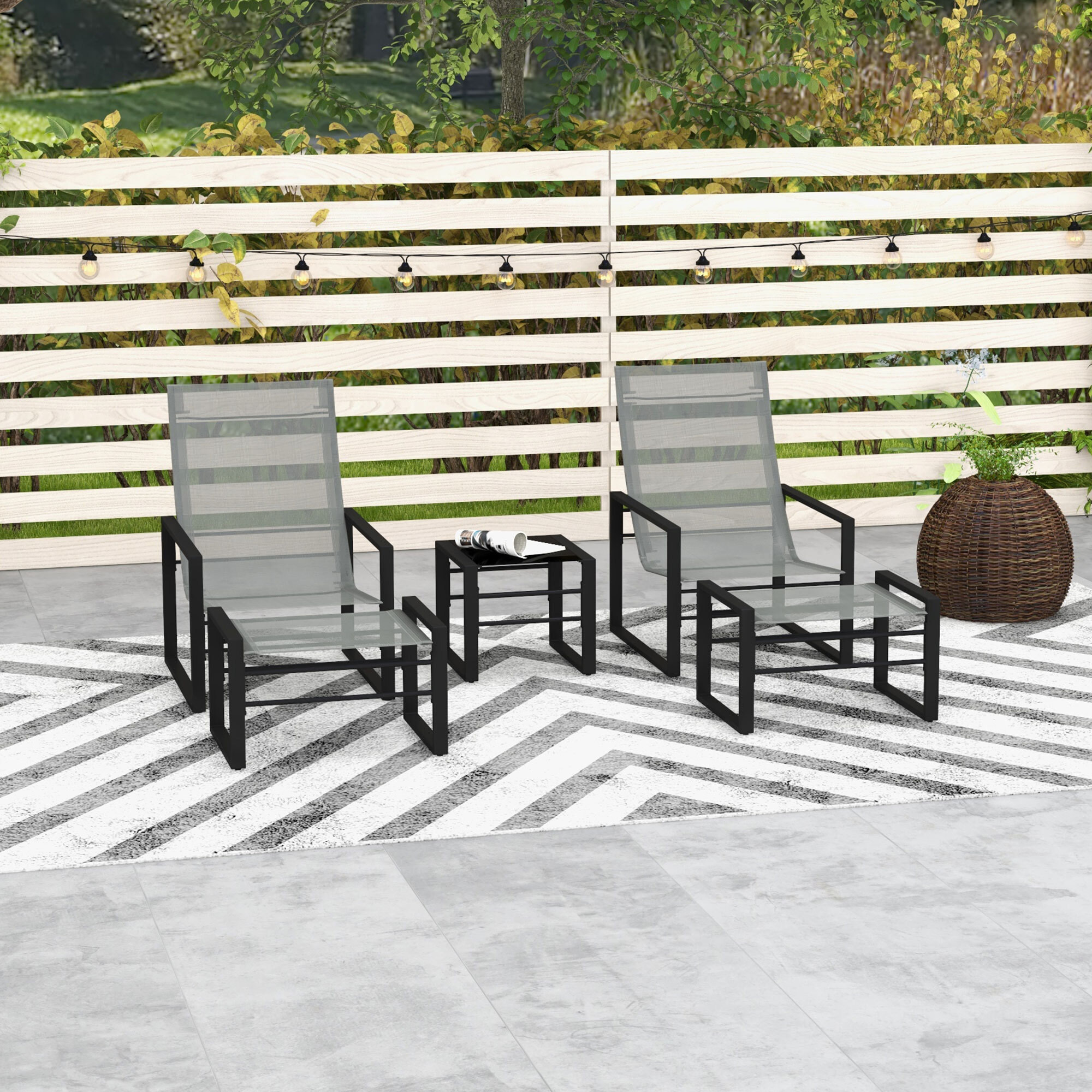 Salon de jardin 5 pièces 2 places métal noir tissu mesh gris