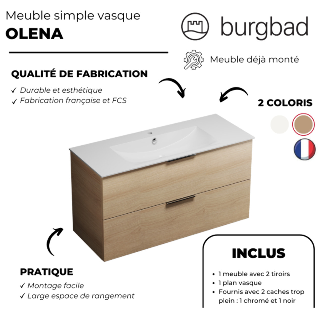 Meuble vasque 60 cm BURGBAD Olena chêne clair