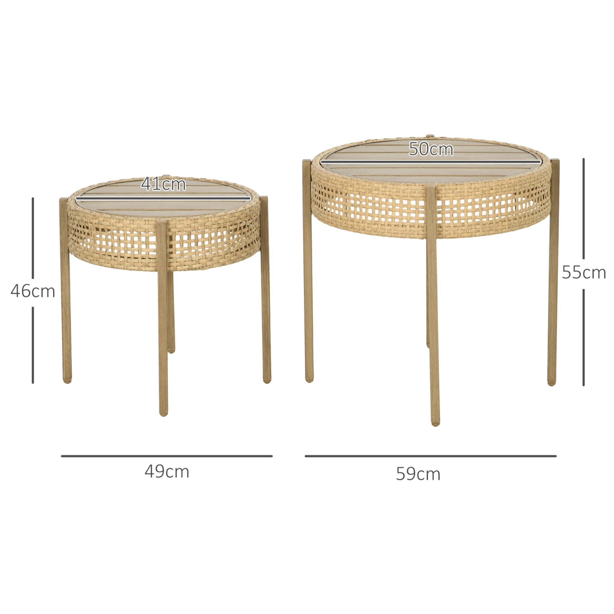 Lot de 2 tables gigognes de jardin style bohème chic PE aspect rotin métal effet bois