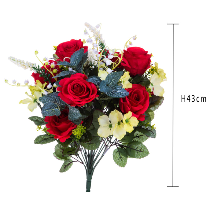 Bouquet Rose Con Mughetti. Altezza 43 Cm - Pezzi 2 - 24X43X20cm - Colore: Rosso - Bianchi Dino - Fiori Artificiali