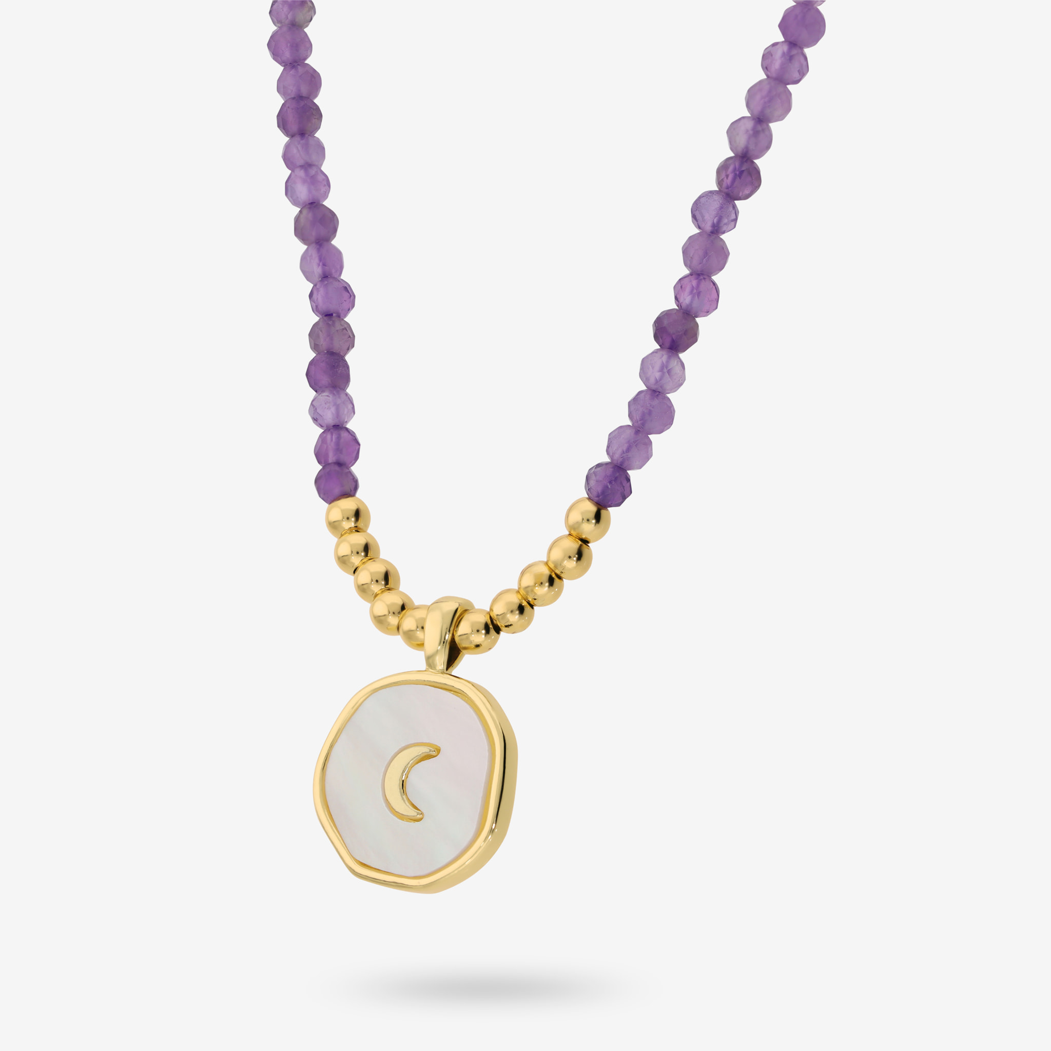 Collana con Ametista Viola e Pendente Luna Martellato in Madreperla