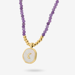 Collana con Ametista Viola e Pendente Luna Martellato in Madreperla