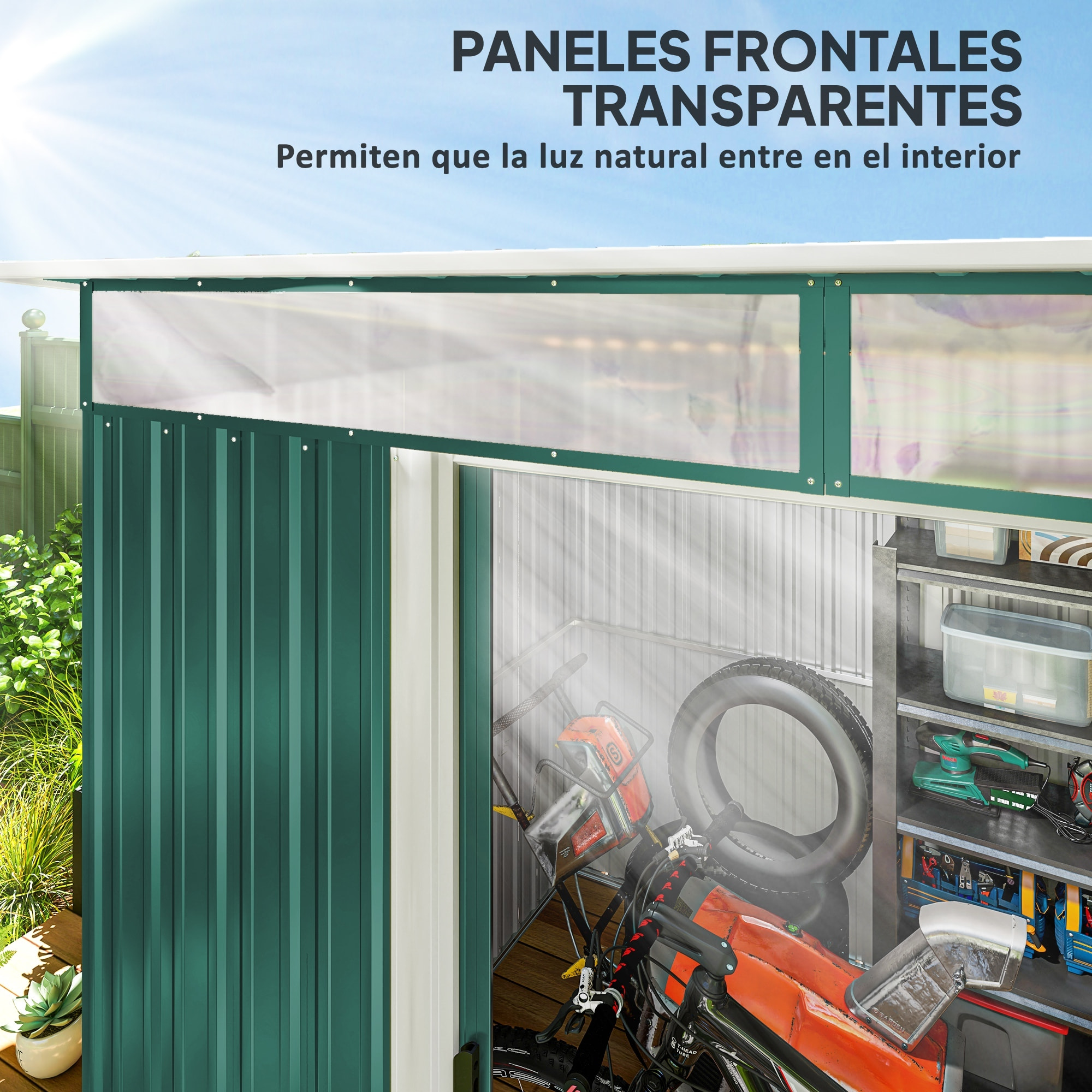 Cobertizo de Jardín Exterior 4,5 m² 260x194x200 cm Caseta de Jardín Exterior Metálica con Paneles Frontales Transparentes y 2 Puertas Corredizas para Almacenamiento de Herramientas Verde