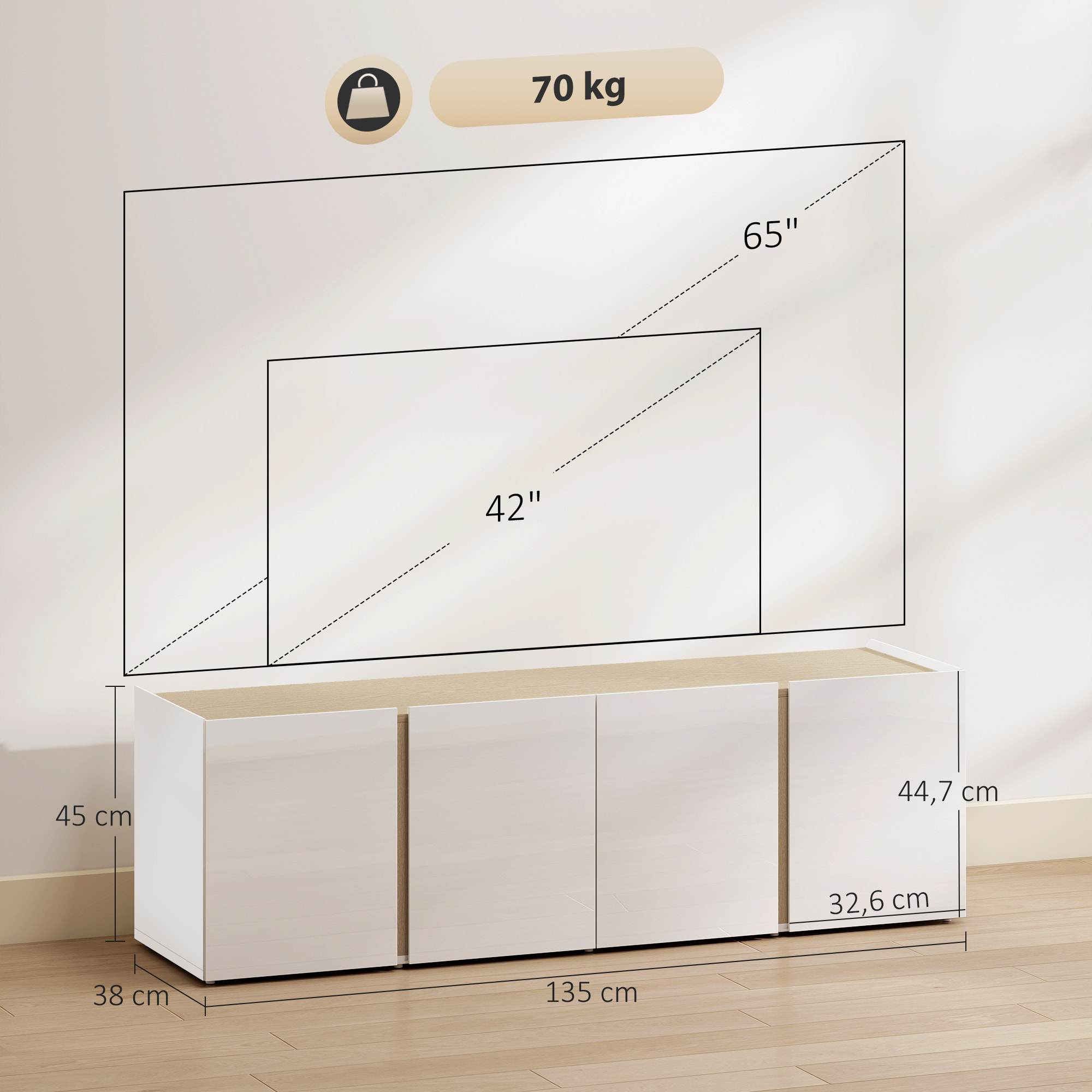 Meuble TV 135 cm, meuble télé pour téléviseur jusqu'à 65 pouces avec 4 portes à fermeture amortie, étagère réglable et passe-câbles, banc TV pour salon, chambre à coucher, blanc