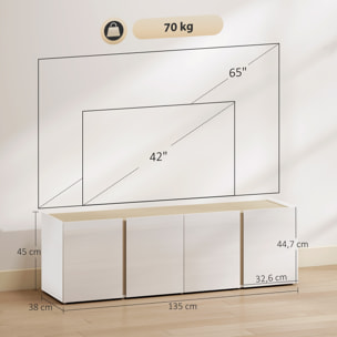 Meuble TV 135 cm, meuble télé pour téléviseur jusqu'à 65 pouces avec 4 portes à fermeture amortie, étagère réglable et passe-câbles, banc TV pour salon, chambre à coucher, blanc
