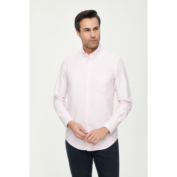 Camicia Uomo 1 Bottone Button Down Slim Oxford Lavato Unito Rosa/Bianco