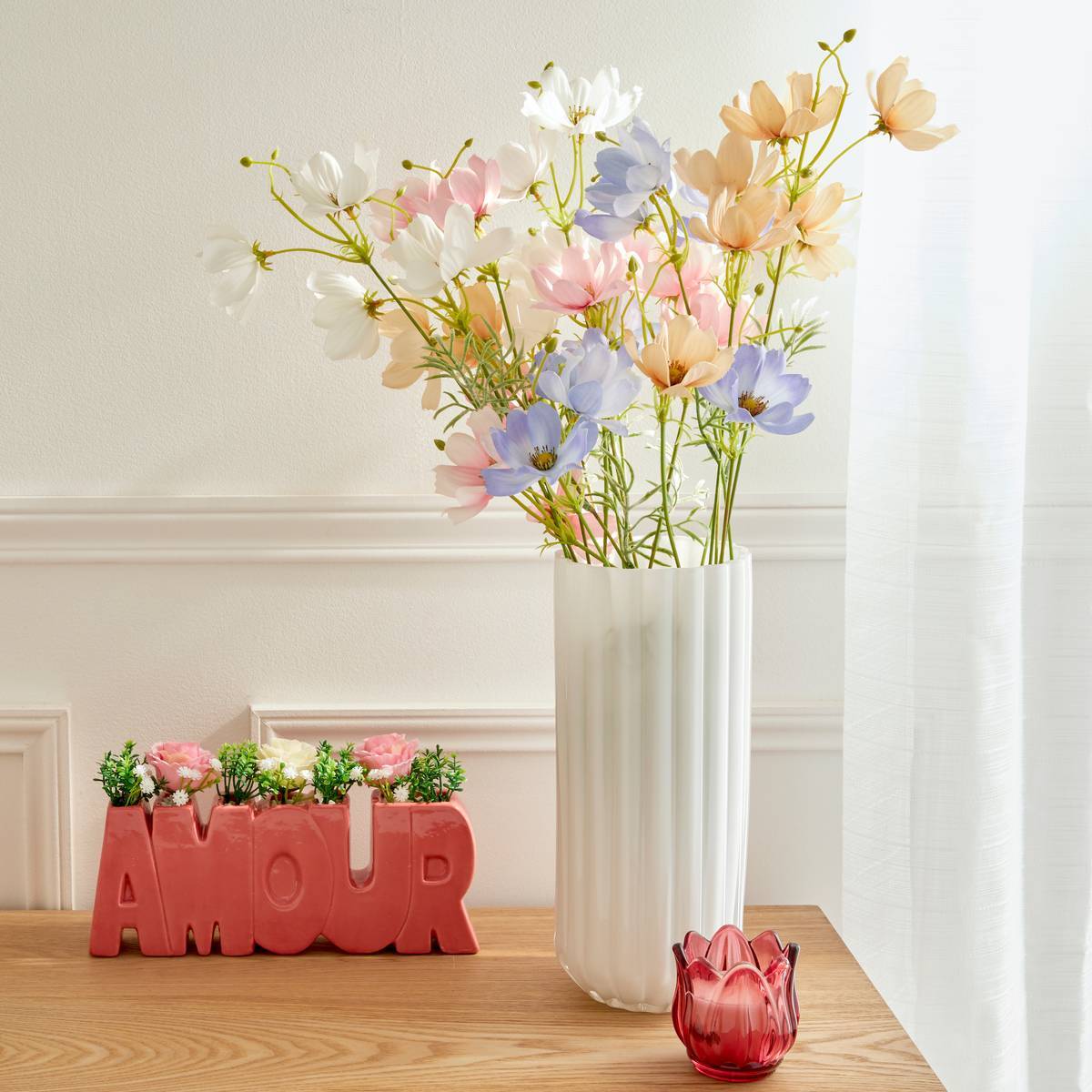 Vase Fleur de rose Strié 12x12x28cm Blanc